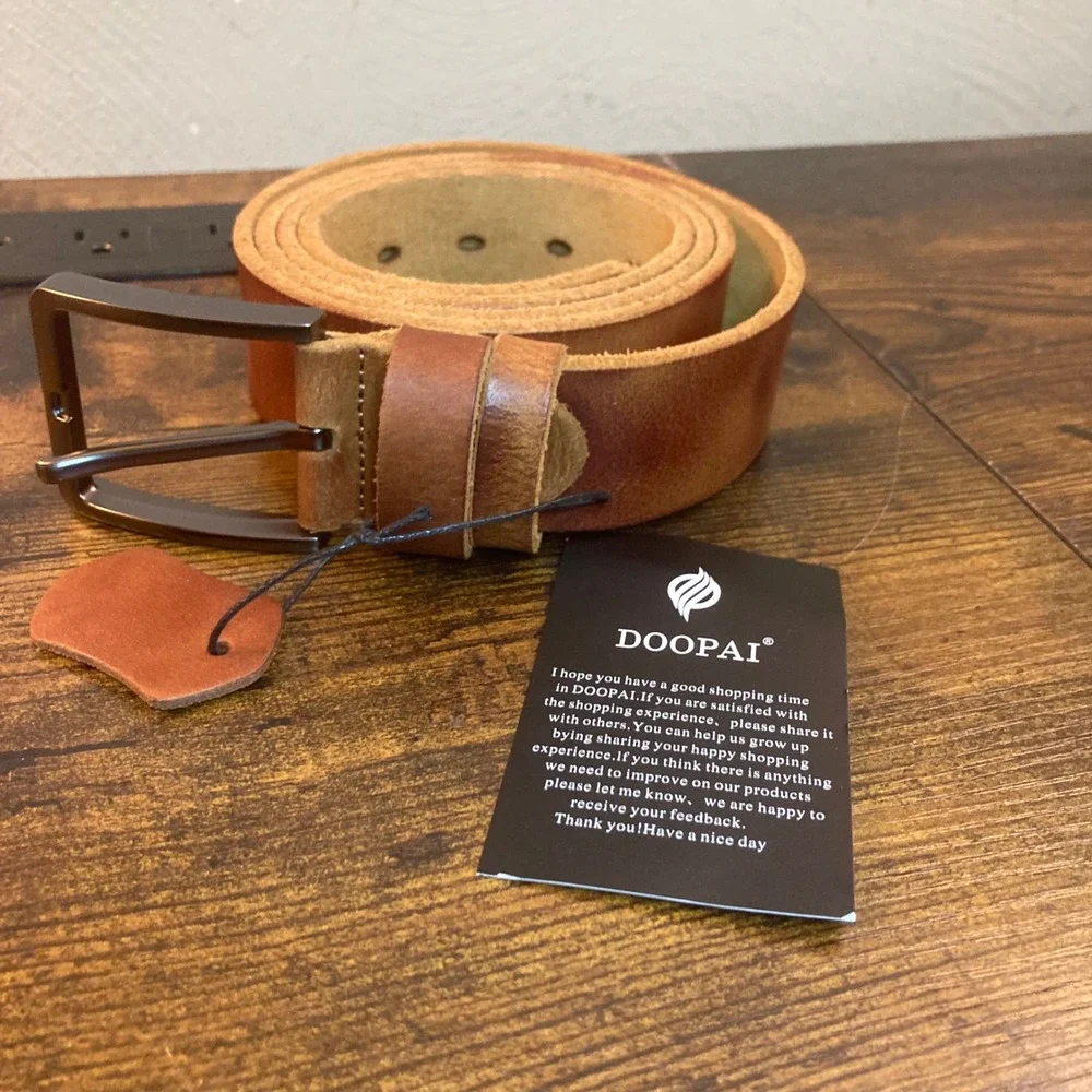 Doopai Mens 42-46in Tan Italian Cowhide Leather Belt 1.5in Wide Heavy Duty